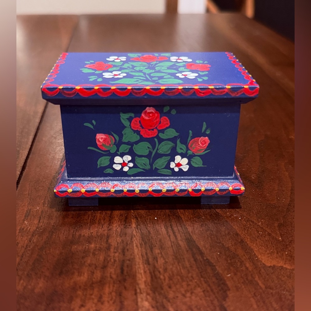 Vintage Small Blue Floral Polish Folk Art Wooden Box hand painted
